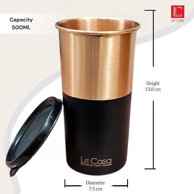 LeCasa - Energy Copper Water Tumbler 500ML | Color - Black | 100% Pure Copper With ISO Certification |