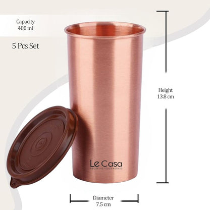 LeCasa - Energy Copper Water Tumbler 500ML Matt With Plastic Lid | 100% Pure Copper With ISO Certification |