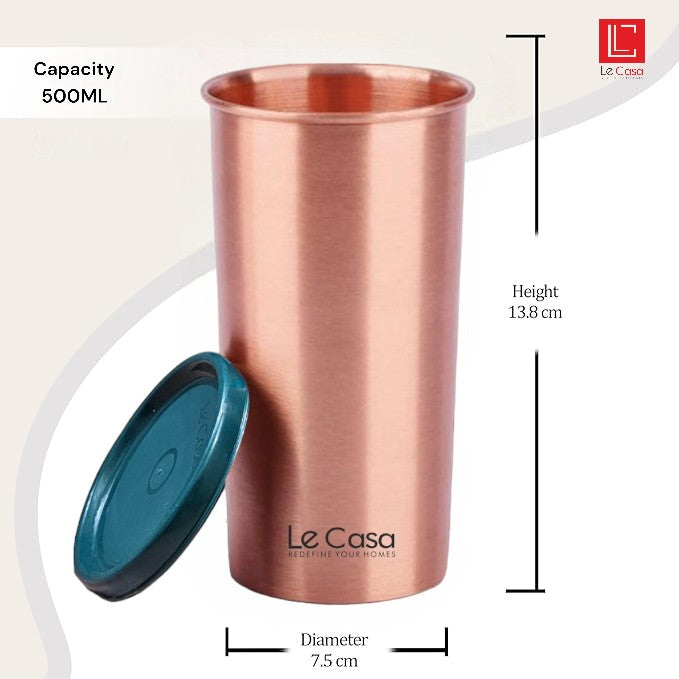 LeCasa - Energy Copper Water Tumbler 500ML Matt With Plastic Lid | 100% Pure Copper With ISO Certification |