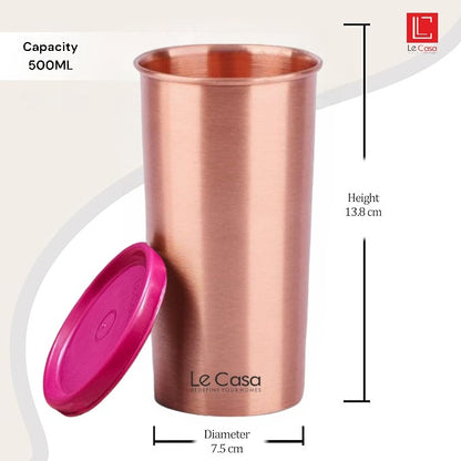 LeCasa - Energy Copper Water Tumbler 500ML Matt With Plastic Lid | 100% Pure Copper With ISO Certification |