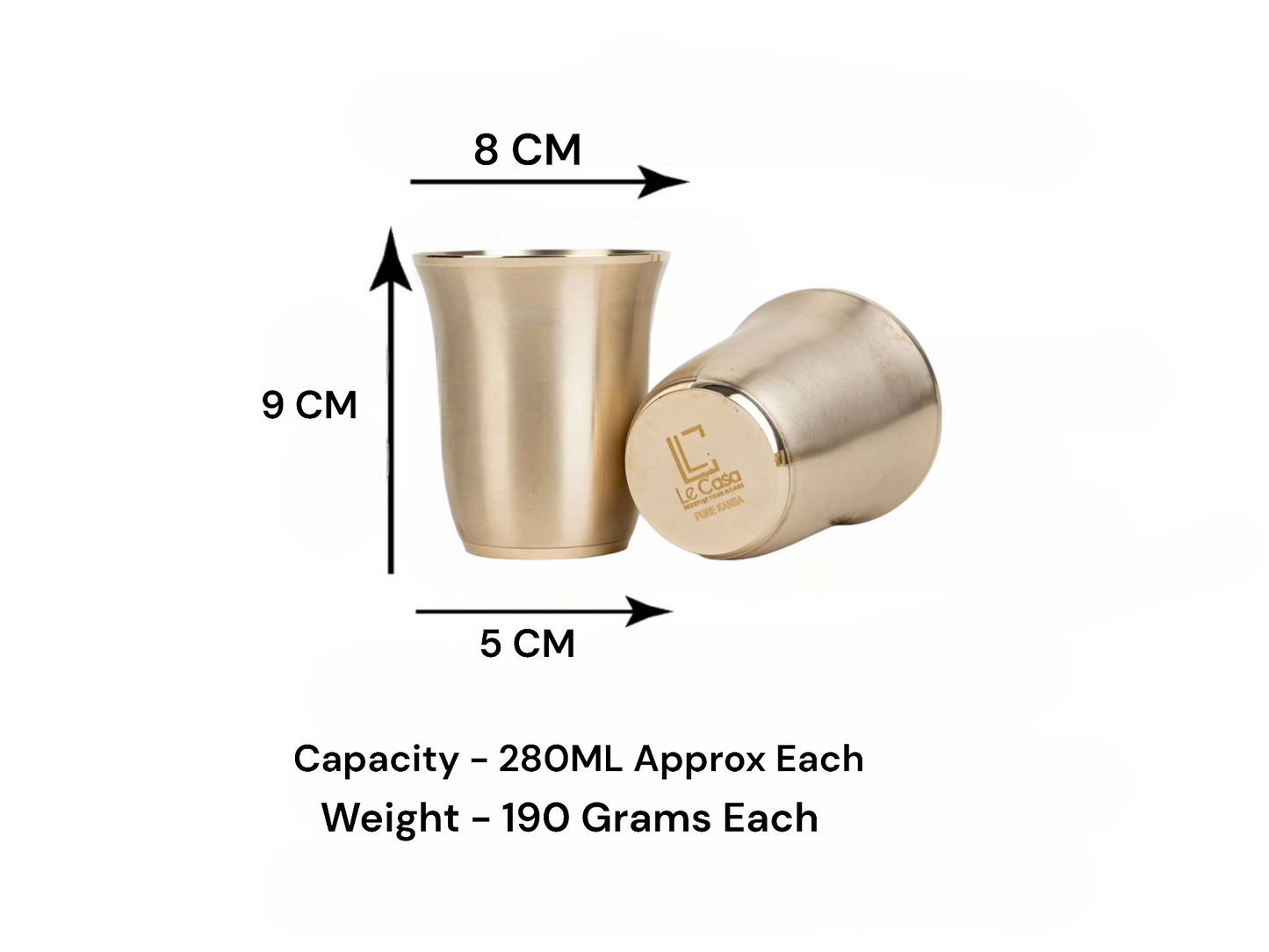 LeCasa - Kansa Glass with Gift Box Packaging | Design - Curvy Set of 2 | Capacity - 280ML Each | 100% Pure Kansa Material with ISO Certification |