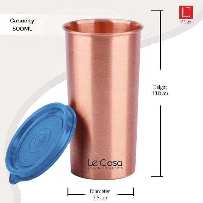 LeCasa - Energy Copper Water Tumbler 500ML Matt With Plastic Lid | 100% Pure Copper With ISO Certification |