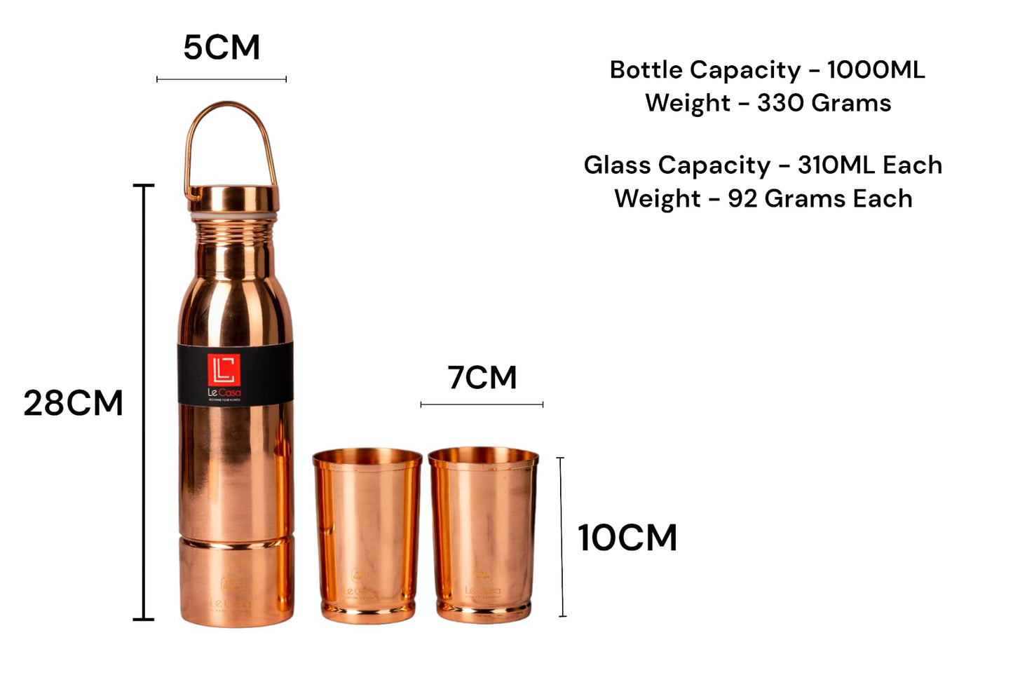 LeCasa - Hazel 5PC Copper Gift Set | 1 Copper Bottle - 1000ML & 4 Copper Tumbler 310ML Each | 100% Pure Copper With ISO Certification | BPA Free, Leak Proof & Eco Friendly |