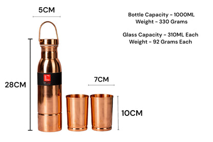 LeCasa - Hazel 5PC Copper Gift Set | 1 Copper Bottle - 1000ML & 4 Copper Tumbler 310ML Each | 100% Pure Copper With ISO Certification | BPA Free, Leak Proof & Eco Friendly |