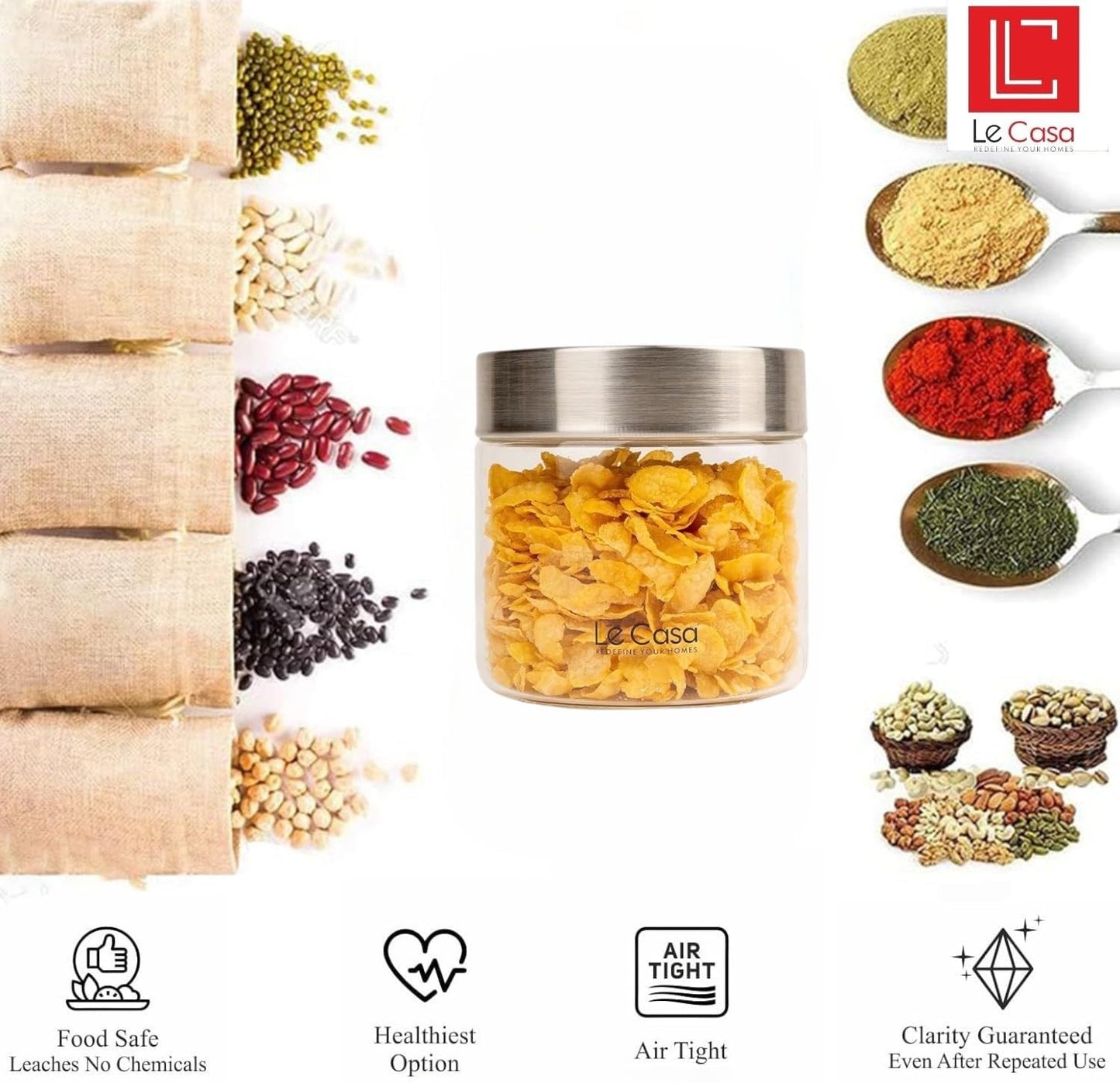 LeCasa - AirTight Borosilicate Round Glass Jar With Screw Steel Lid 600ML | 100% Borosilicate Glass With ISO Certification | Ideal Use For - Storage, Serving, Snacks, Grocery Storage |