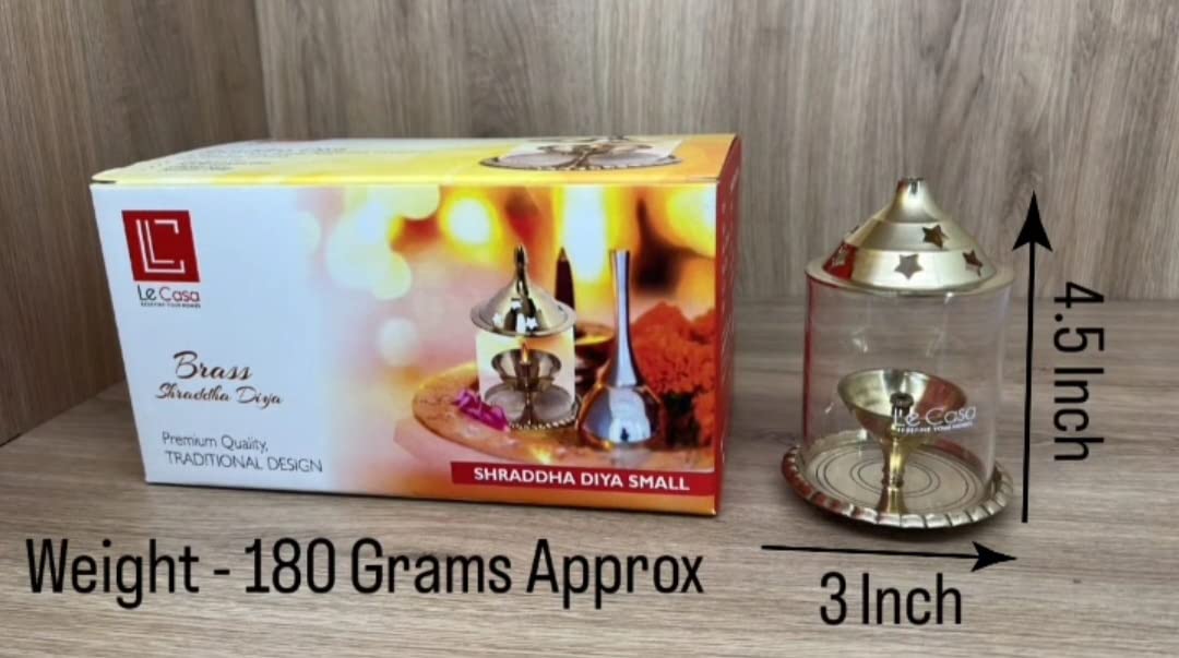 LeCasa - Brass Shraddha Diya With Glass Cover - Small | Made With Traditional Design - Made in India Product | 100% Pure Brass Material With ISO Certification |