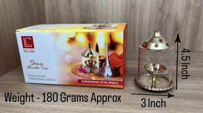 LeCasa - Brass Shraddha Diya With Glass Cover - Small | Made With Traditional Design - Made in India Product | 100% Pure Brass Material With ISO Certification |