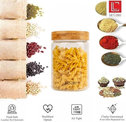 LeCasa - 3044 Airtight Borosilicate Round Glass Jar With Bamboo Lid 900ML | 100% Borosilicate Glass With ISO Certification | Ideal Use For - Storage, Serving, Snacks Storage, Grocery Storage |