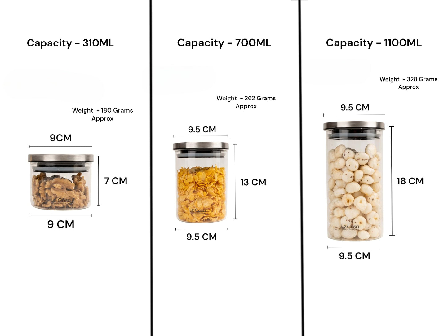 LeCasa - Denver AirTight Borosilicate Glass Round Jar With Steel Screw Lid | 100% Borosilicate Glass With ISO Certification | (Set Of 3)