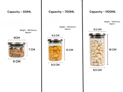 LeCasa - Denver AirTight Borosilicate Glass Round Jar With Steel Screw Lid | 100% Borosilicate Glass With ISO Certification | (Set Of 3)