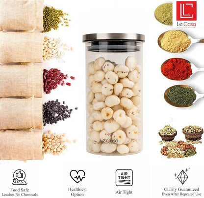 LeCasa - Denver Airtight Borosilicate Round Glass Jar With Steel Push Lid 1100ML | 100% Borosilicate Glass With ISO Certification | Ideal Use For - Storage, Serving, Snacks, Grocery Storage |