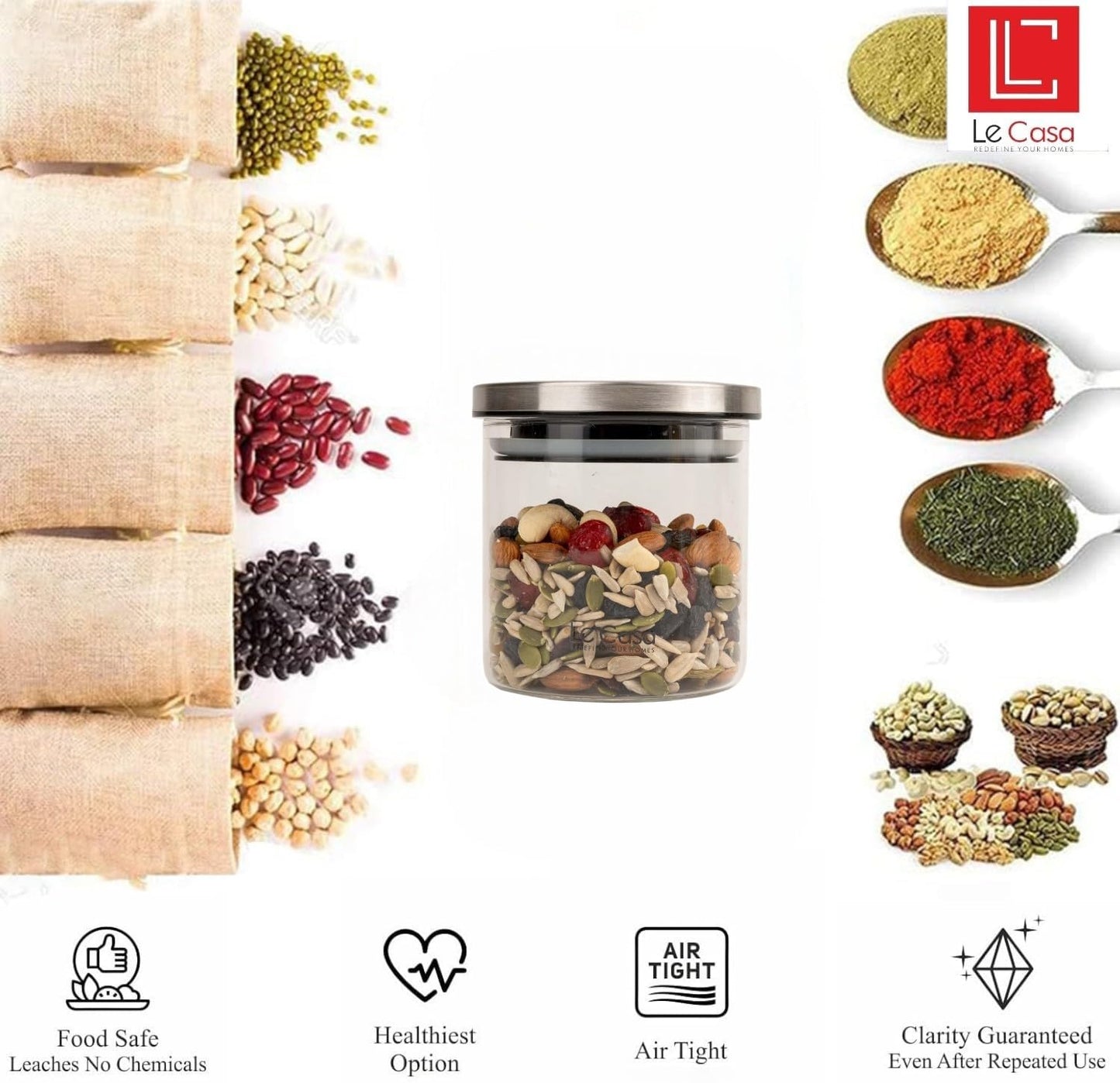 LeCasa - Denver Airtight Borosilicate Round Glass Jar With Steel Push Lid 500ML | 100% Borosilicate Glass With ISO Certification | Ideal Use For - Storage, Serving, Snacks Storage, Grocery Storage |