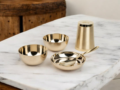 LeCasa - Kansa 6PC Dinner Thali Set | 100% Pure Kansa Material with ISO Certification | 1 Thali, 2 Bowls, 1 Dessert Plate, 1 Tumbler & 1 Spoon |