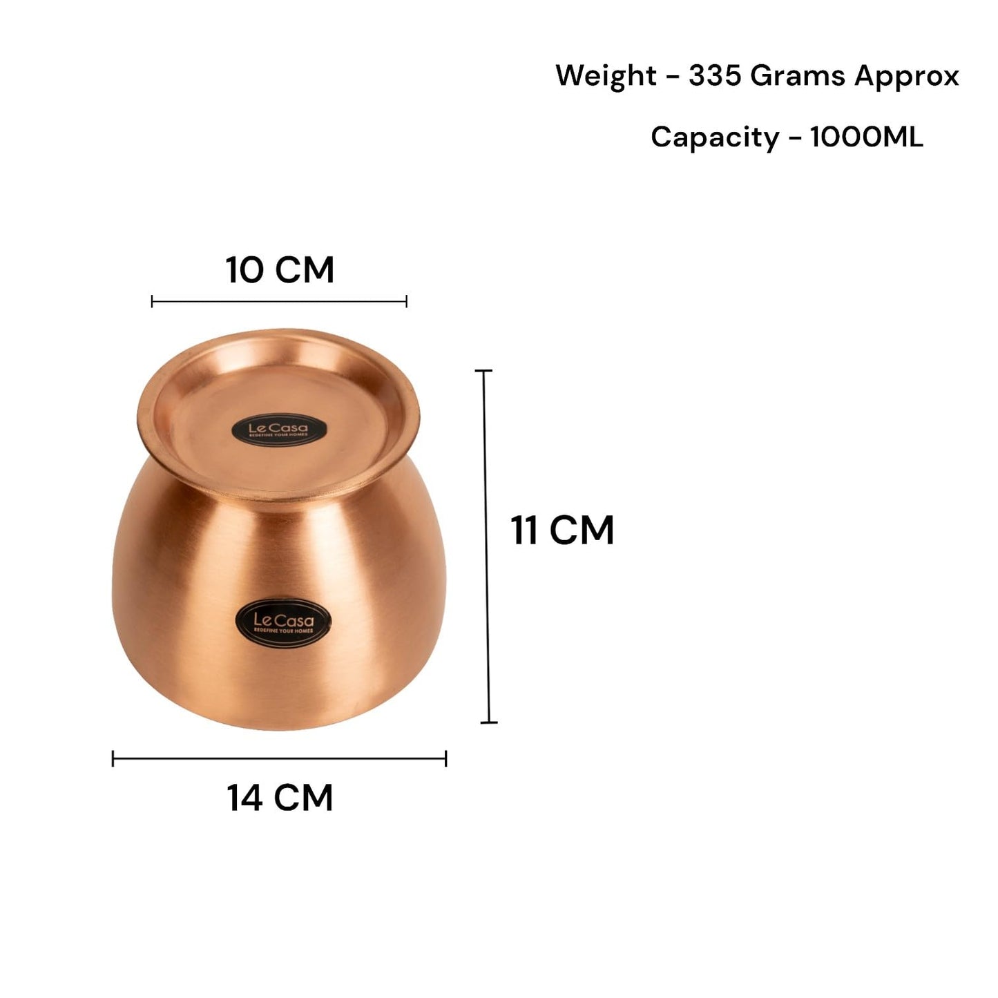 LeCasa - Neer Copper Kalash With Lid 1000ML | 100% Pure Copper With ISO Certification |