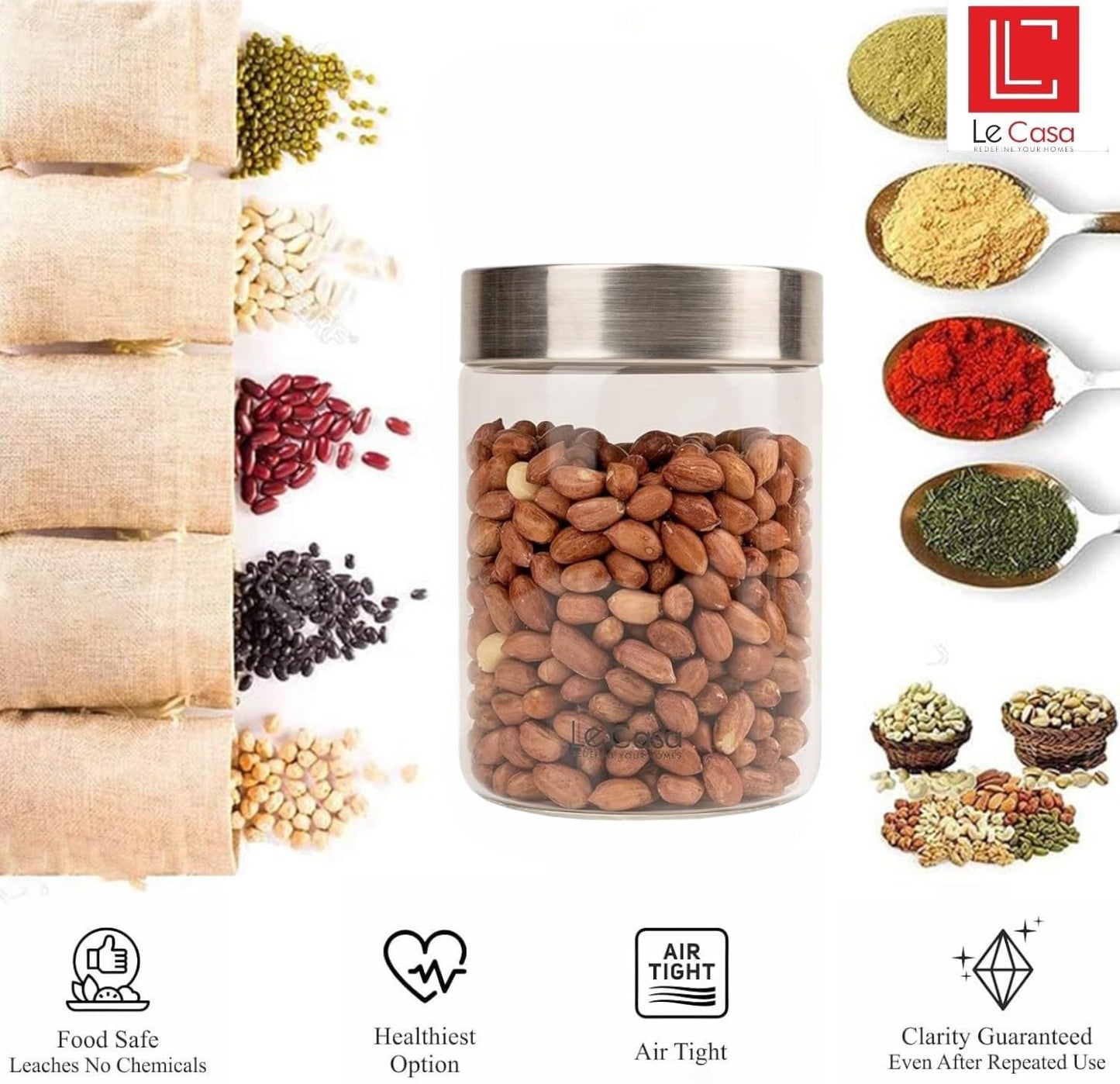 LeCasa - AirTight Borosilicate Round Glass Jar With Screw Steel Lid 900ML | 100% Borosilicate Glass With ISO Certification | Ideal Use For - Storage, Serving, Snacks, Grocery Storage |