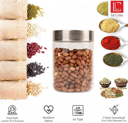 LeCasa - AirTight Borosilicate Round Glass Jar With Screw Steel Lid 900ML | 100% Borosilicate Glass With ISO Certification | Ideal Use For - Storage, Serving, Snacks, Grocery Storage |
