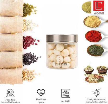 LeCasa - AirTight Borosilicate Round Glass Jar With Screw Steel Lid 500ML | 100% Borosilicate Glass With ISO Certification | Ideal Use For - Storage, Serving, Snacks, Grocery Storage |
