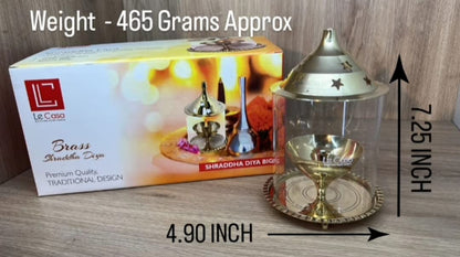 LeCasa - Brass Shraddha Diya with Glass Cover - Big | Made with Traditional Design - Made in India Product | 100% Pure Brass Material with ISO Certification |