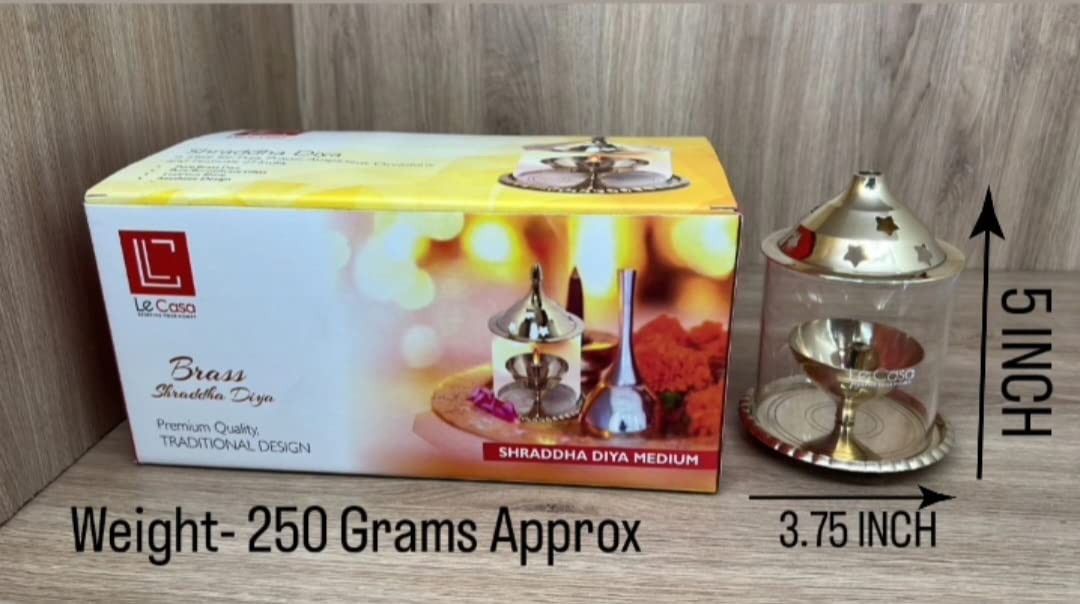 LeCasa - Brass Shraddha Diya with Glass Cover - Medium | Made with Traditional Design - Made in India Product | 100% Pure Brass Material with ISO Certification |