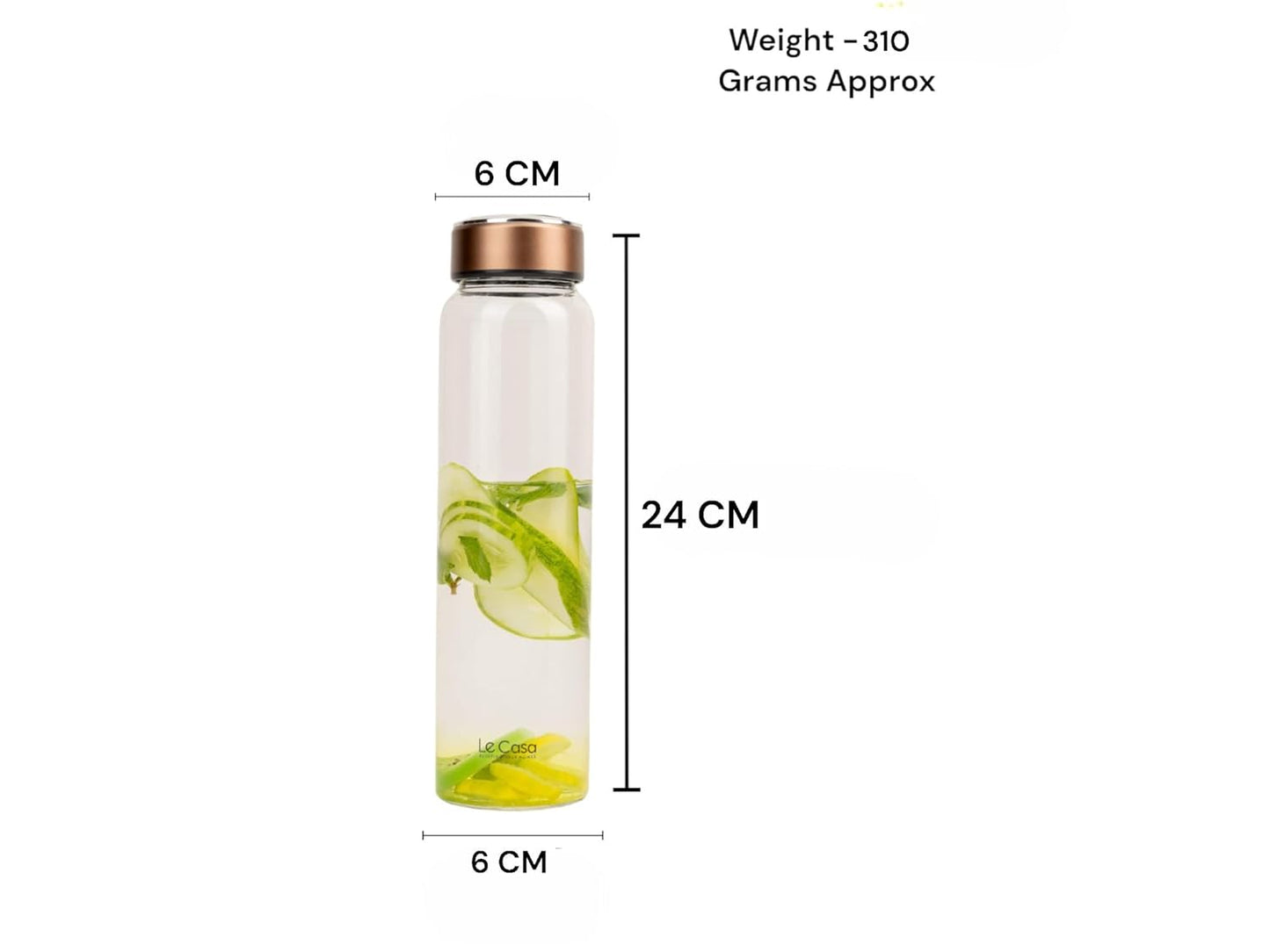 LeCasa - Borosilicate Glass Bottle With Copper Colour Screw Lid - 3080 | Capacity - 500ML | 100% Pure Borosolicate Glass With ISO Certification | BPA Free, Leak Proof, Rust Free & Eco Friendly |