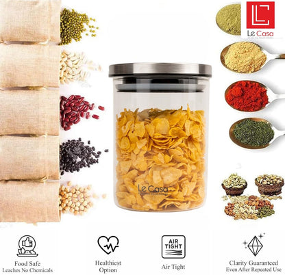 LeCasa - Denver Airtight Borosilicate Round Glass Jar With Steel Push Lid 700ML | 100% Borosilicate Glass With ISO Certification | Ideal Use For - Storage, Serving, Snacks , Grocery Storage |