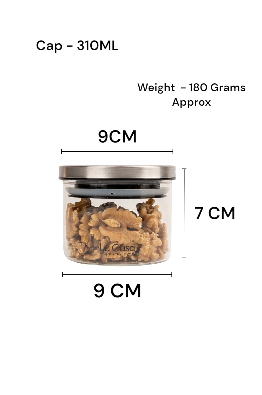 LeCasa - Denver Airtight Borosilicate Round Glass Jar With Steel Push Lid 310ML | 100% Borosilicate Glass With ISO Certification | Ideal Use For - Storage, Serving, Snacks, Grocery Storage |