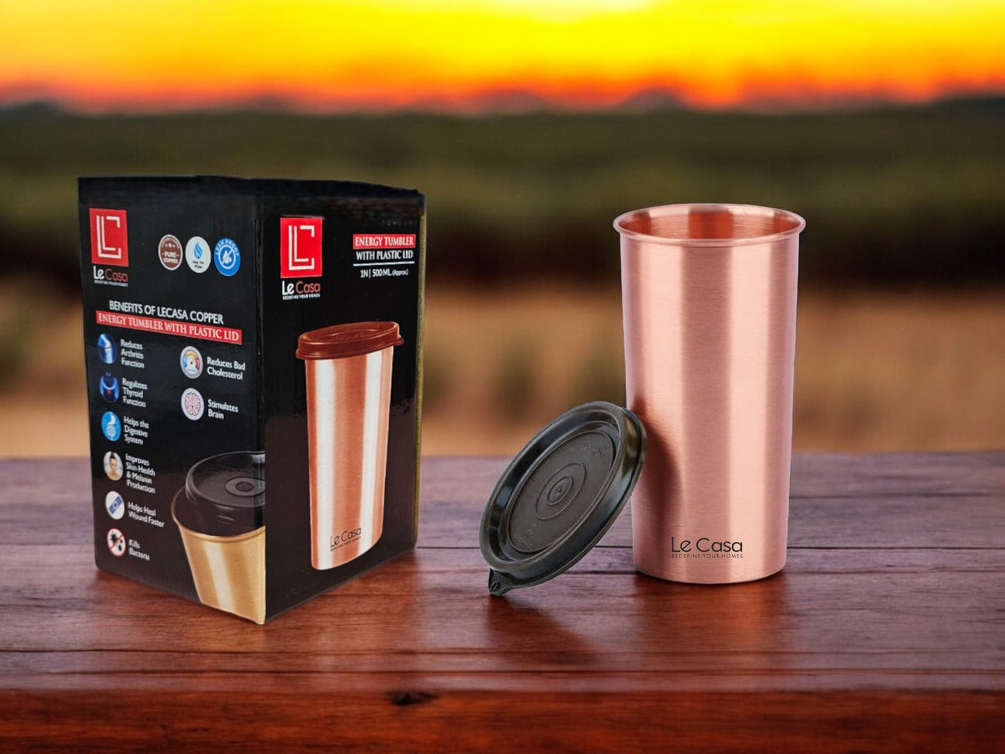 LeCasa - Energy Copper Water Tumbler 500ML Matt With Plastic Lid | 100% Pure Copper With ISO Certification |