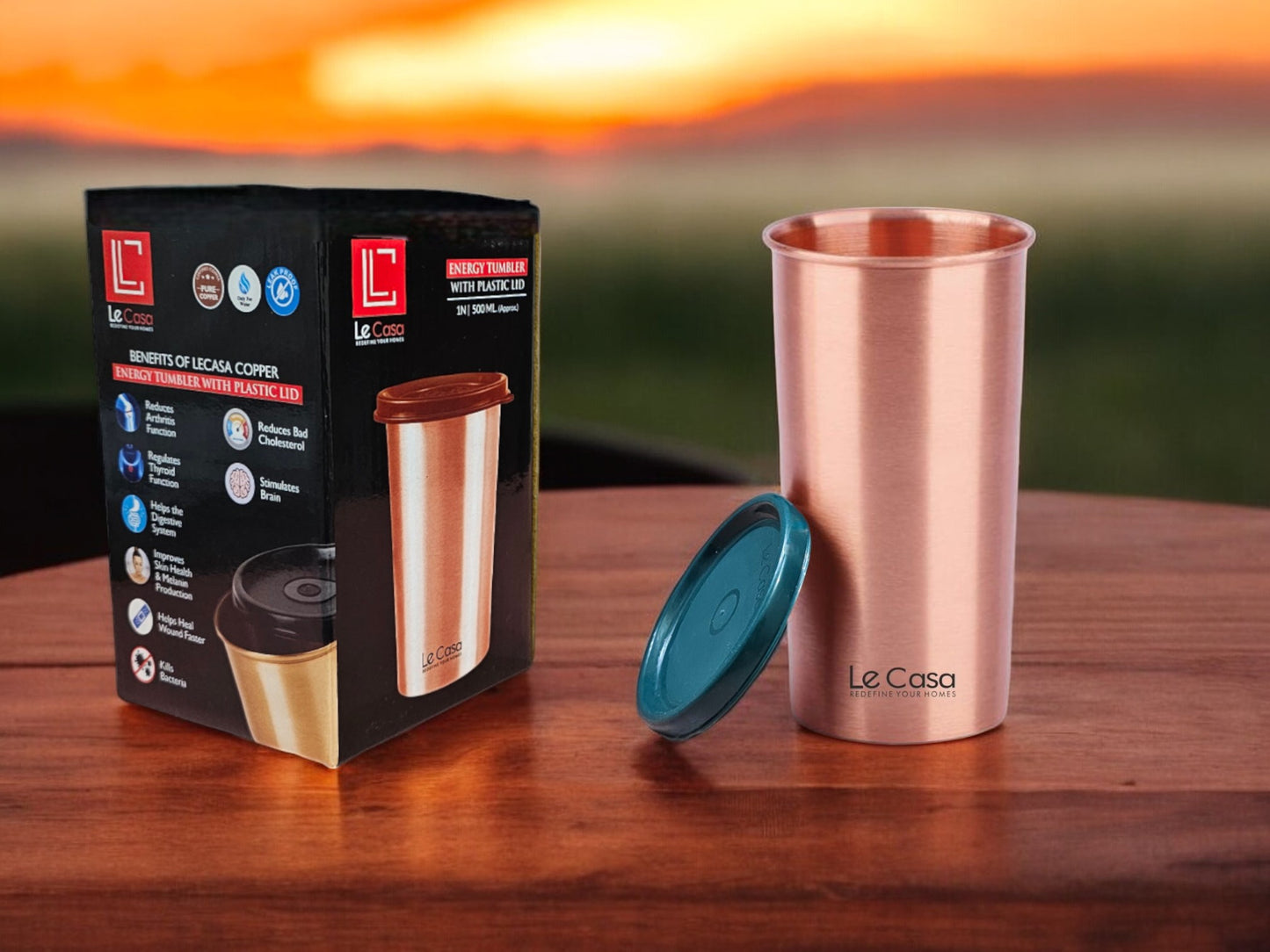 LeCasa - Energy Copper Water Tumbler 500ML Matt With Plastic Lid | 100% Pure Copper With ISO Certification |