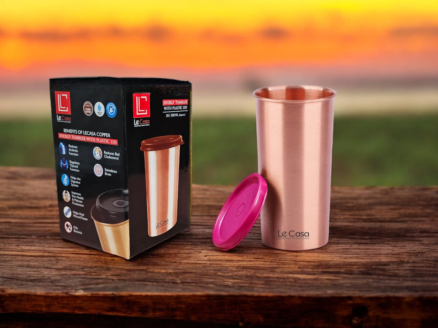 LeCasa - Energy Copper Water Tumbler 500ML Matt With Plastic Lid | 100% Pure Copper With ISO Certification |