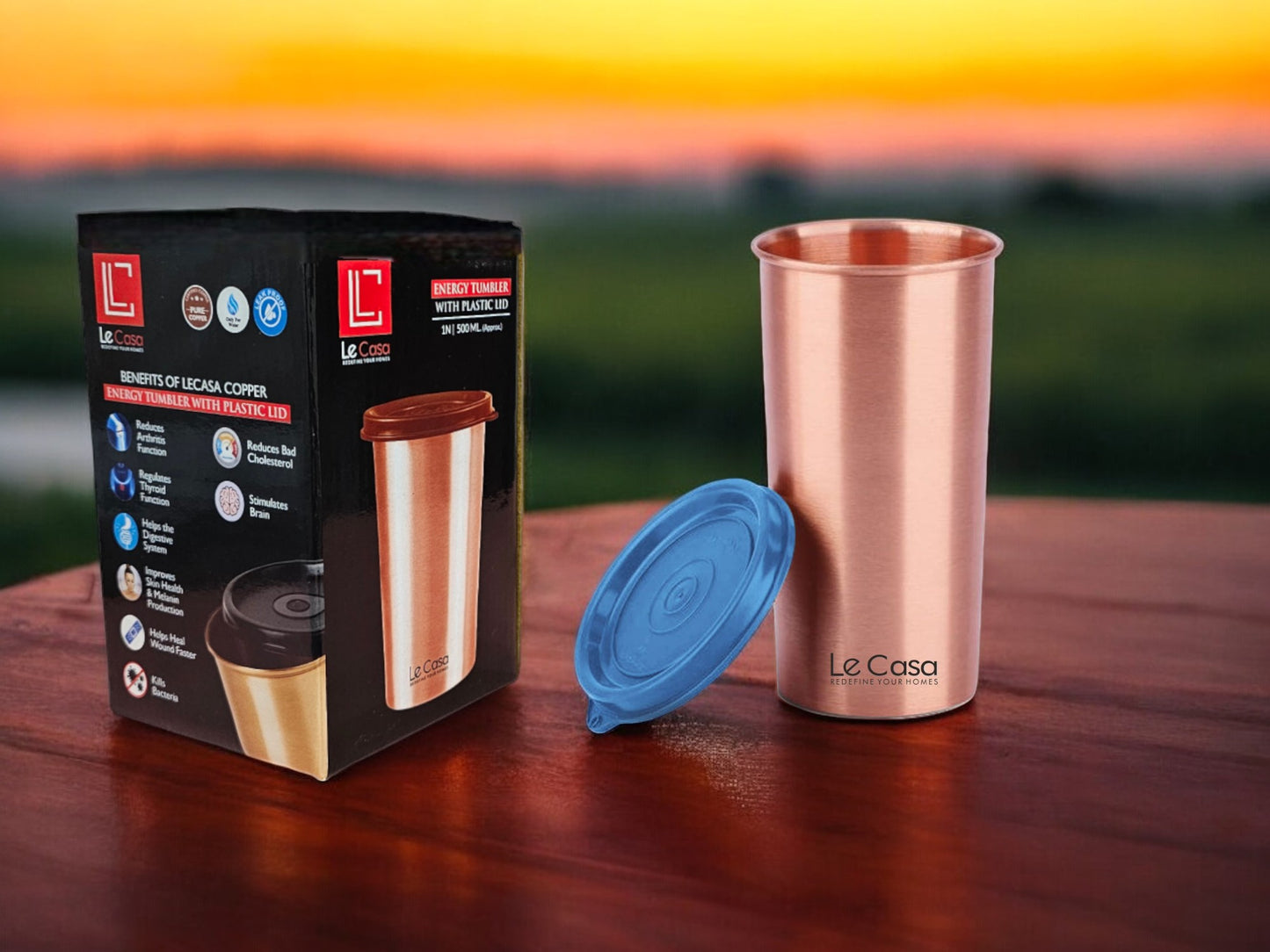 LeCasa - Energy Copper Water Tumbler 500ML Matt With Plastic Lid | 100% Pure Copper With ISO Certification |