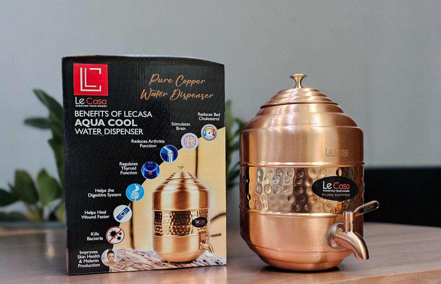 LeCasa - Aqua Cool Copper Water Dispenser with Brass (Pital) Tap | Capacity - 5 Litre / 5000ML | 100% Pure Copper with ISO Certification |