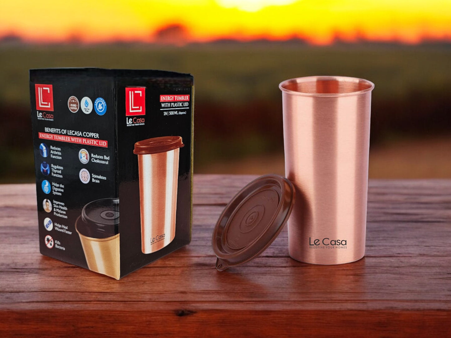 LeCasa - Energy Copper Water Tumbler 500ML Matt With Plastic Lid | 100% Pure Copper With ISO Certification |