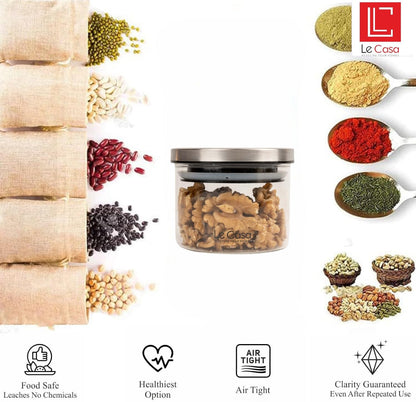 LeCasa - Denver Airtight Borosilicate Round Glass Jar With Steel Push Lid 310ML | 100% Borosilicate Glass With ISO Certification | Ideal Use For - Storage, Serving, Snacks, Grocery Storage |