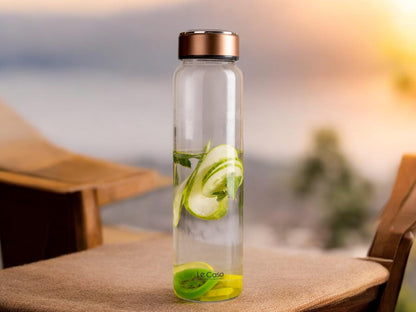 LeCasa - Borosilicate Glass Bottle With Copper Colour Screw Lid - 3034 | Capacity - 1000ML | 100% Pure Borosolicate Glass With ISO Certification | BPA Free, Leak Proof, Rust Free & Eco Friendly |