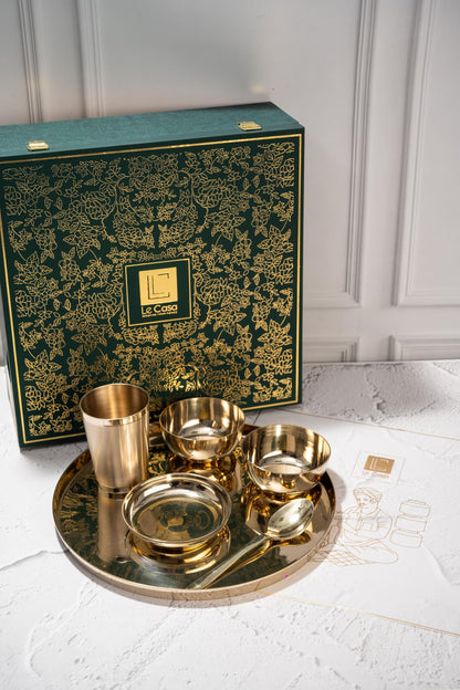 LeCasa - Kansa 6PC Dinner Thali Set | 100% Pure Kansa Material with ISO Certification | 1 Thali, 2 Bowls, 1 Dessert Plate, 1 Tumbler & 1 Spoon |