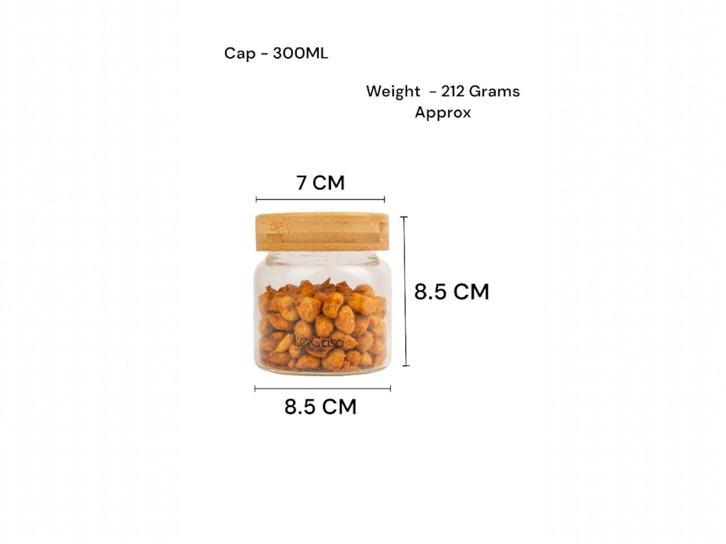 LeCasa - 3042 Airtight Borosilicate Round Glass Jar With Bamboo Lid 300ML | 100% Borosilicate Glass With ISO Certification | Ideal Use For - Storage, Serving, Snacks Storage, Grocery Storage |