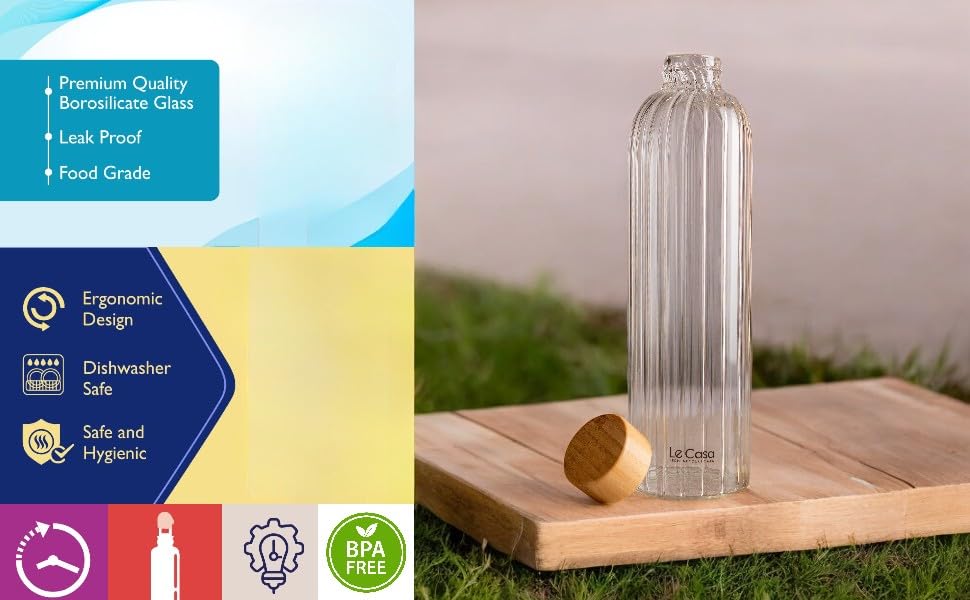 Madie Borosilicate Water Bottle With Bamboo Screw Lid 1000ML Each | Set Of - 2 Bottles | 100% Borosilicate Glass With ISO Certification | BPA Free, Rust Proof, Leakage Proof, Eco Friendly |