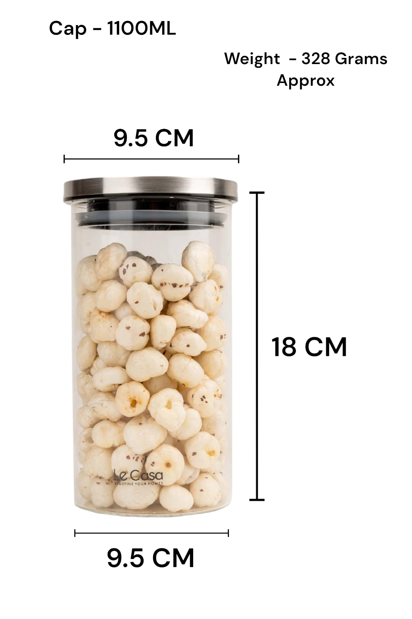 LeCasa - Denver Airtight Borosilicate Round Glass Jar With Steel Push Lid 1100ML | 100% Borosilicate Glass With ISO Certification | Ideal Use For - Storage, Serving, Snacks, Grocery Storage |
