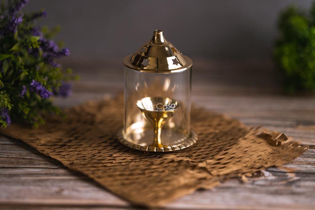 LeCasa - Brass Shraddha Diya With Glass Cover - Small | Made With Traditional Design - Made in India Product | 100% Pure Brass Material With ISO Certification |