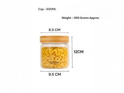 LeCasa - 3043 Airtight Borosilicate Round Glass Jar With Bamboo Lid 600ML | 100% Borosilicate Glass With ISO Certification | Ideal Use For - Storage, Serving, Snacks Storage, Grocery Storage |