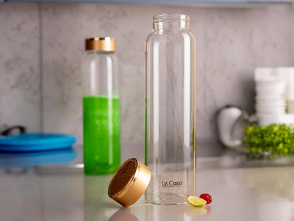 LeCasa - Borosilicate Glass Bottle With Golden Colour Screw Lid - 3035 | Capacity - 1000ML | 100% Pure Borosolicate Glass With ISO Certification |