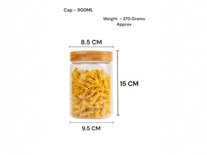 LeCasa - 3044 Airtight Borosilicate Round Glass Jar With Bamboo Lid 900ML | 100% Borosilicate Glass With ISO Certification | Ideal Use For - Storage, Serving, Snacks Storage, Grocery Storage |