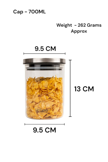 LeCasa - Denver Airtight Borosilicate Round Glass Jar With Steel Push Lid 700ML | 100% Borosilicate Glass With ISO Certification | Ideal Use For - Storage, Serving, Snacks , Grocery Storage |