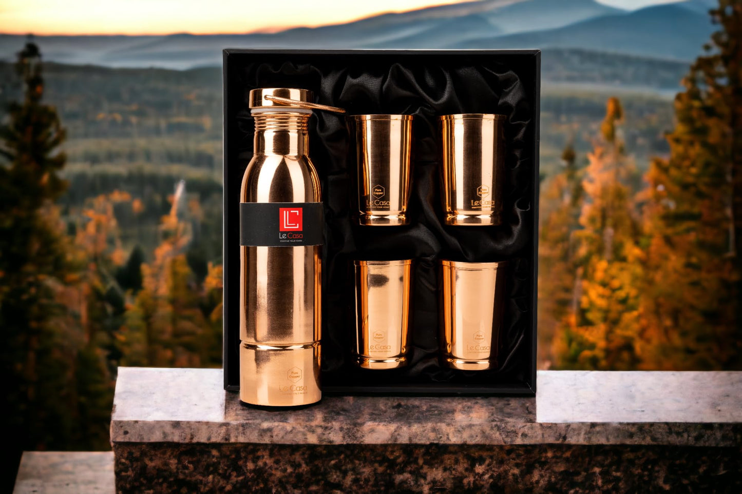 LeCasa - Hazel 5PC Copper Gift Set | 1 Copper Bottle - 1000ML & 4 Copper Tumbler 310ML Each | 100% Pure Copper With ISO Certification | BPA Free, Leak Proof & Eco Friendly |
