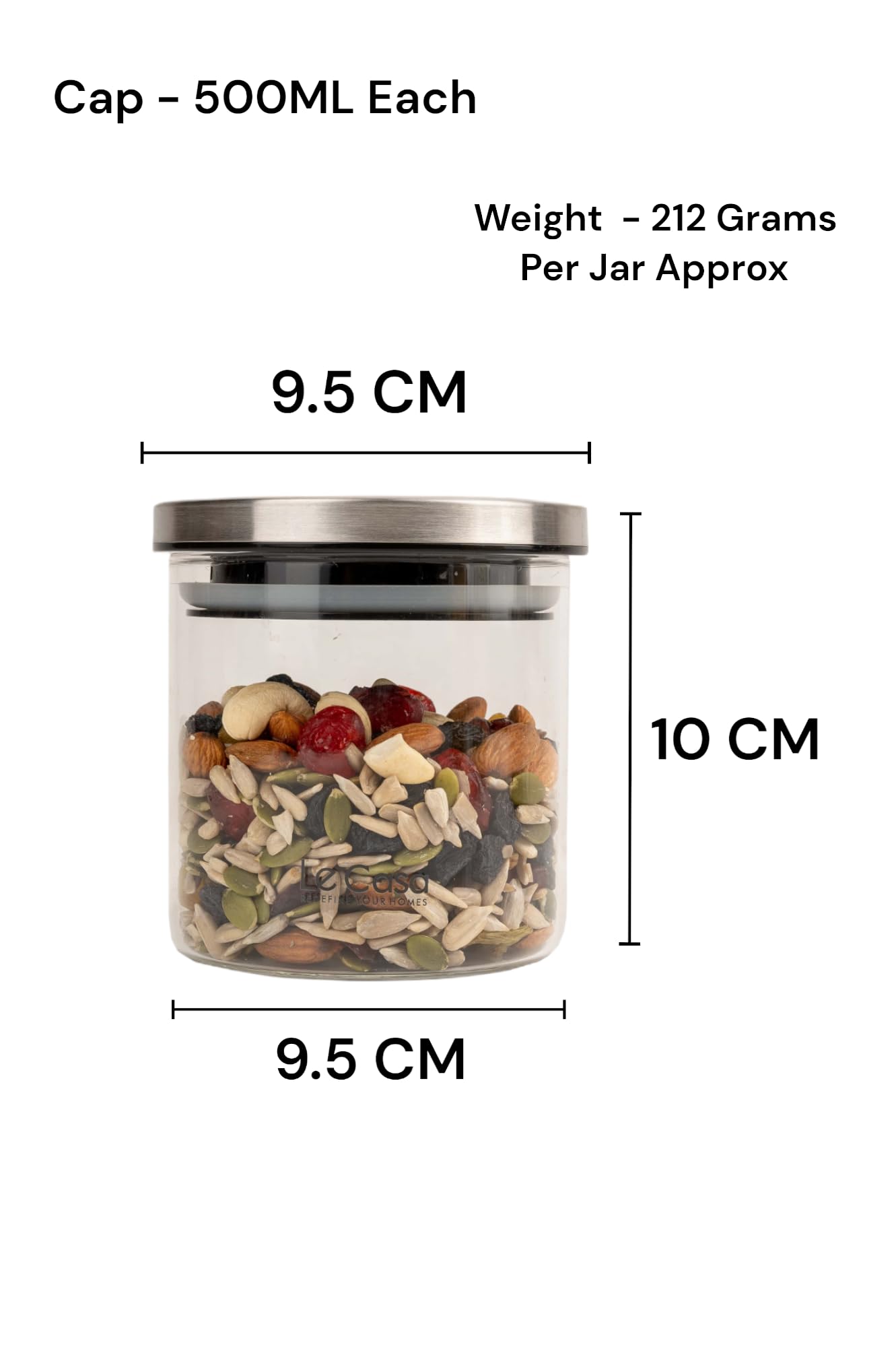 LeCasa - Denver Airtight Borosilicate Round Glass Jar With Steel Push Lid 500ML | 100% Borosilicate Glass With ISO Certification | Ideal Use For - Storage, Serving, Snacks Storage, Grocery Storage |