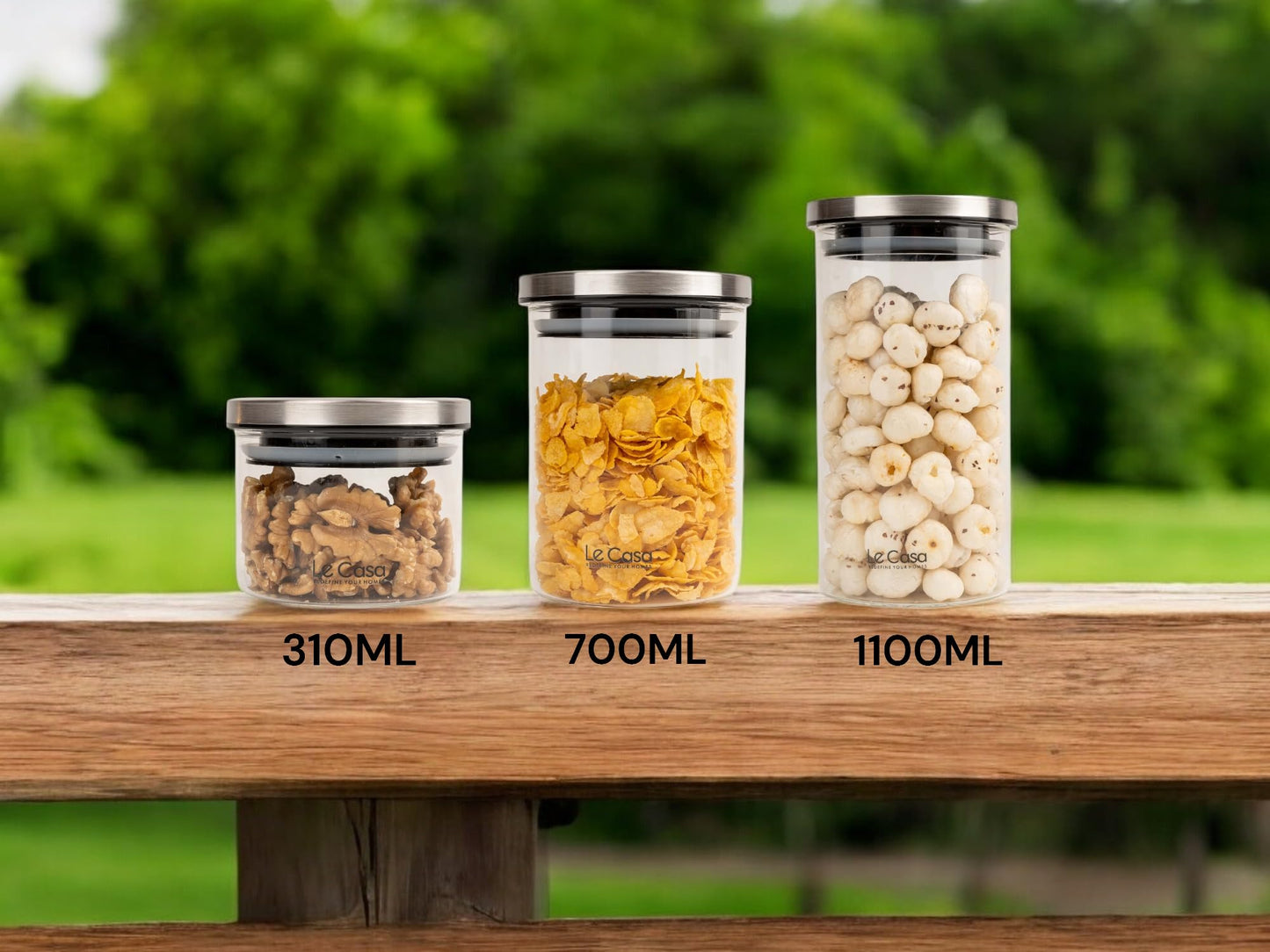 LeCasa - Denver AirTight Borosilicate Glass Round Jar With Steel Screw Lid | 100% Borosilicate Glass With ISO Certification | (Set Of 3)