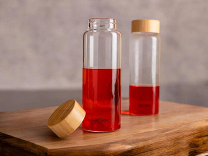 LeCasa - Borosilicate Glass Bottle With Bamboo Screw Lid - 3037 | Capacity - 750ML | 100% Pure Borosolicate Glass With ISO Certification | BPA Free, Leak Proof, Rust Free & Eco Friendly |