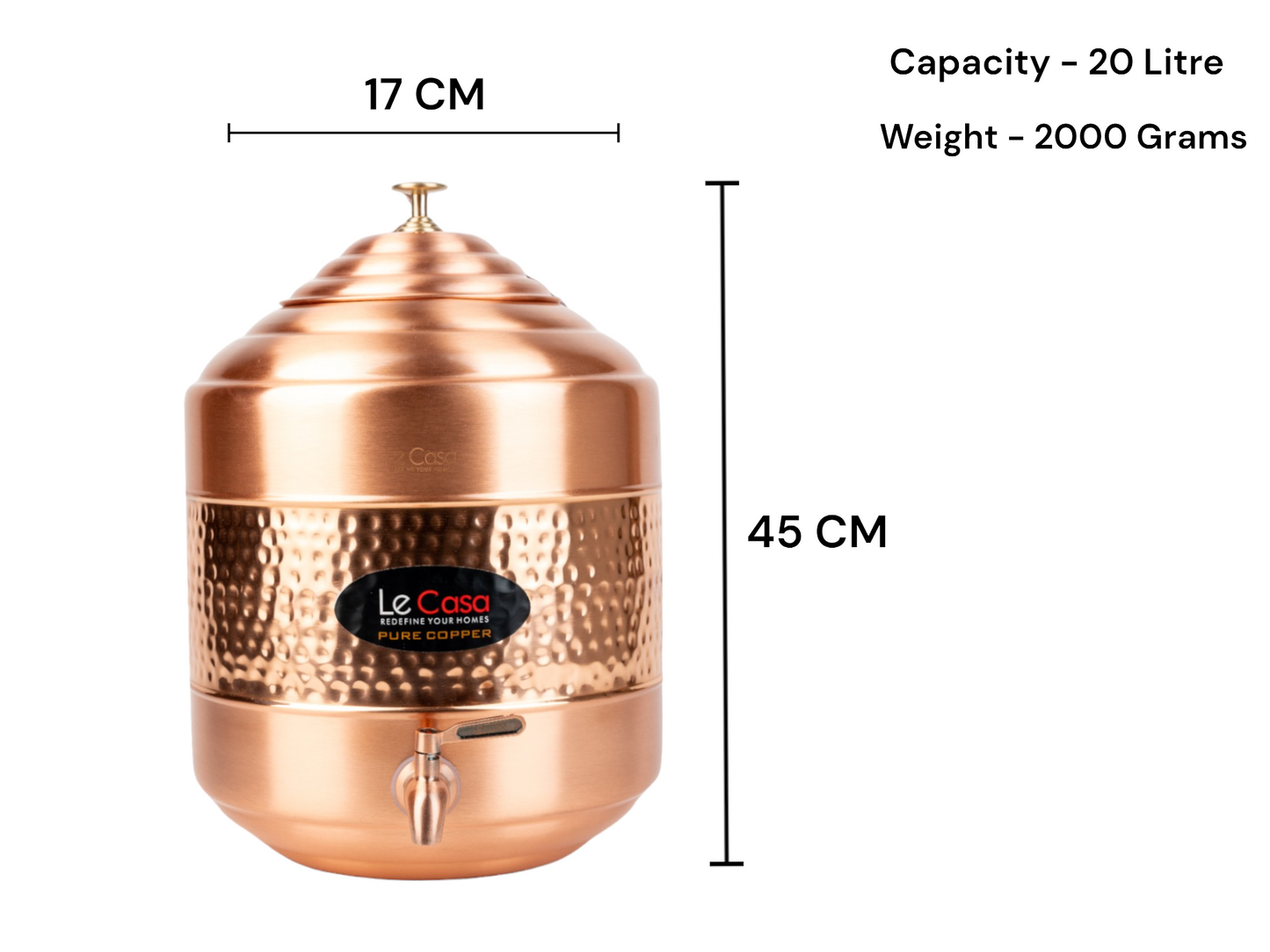 LeCasa - Aqua Cool Copper Water Dispenser with Brass (Pital) Tap | Capacity - 20 Litre / 20000ML | 100% Pure Copper with ISO Certification |