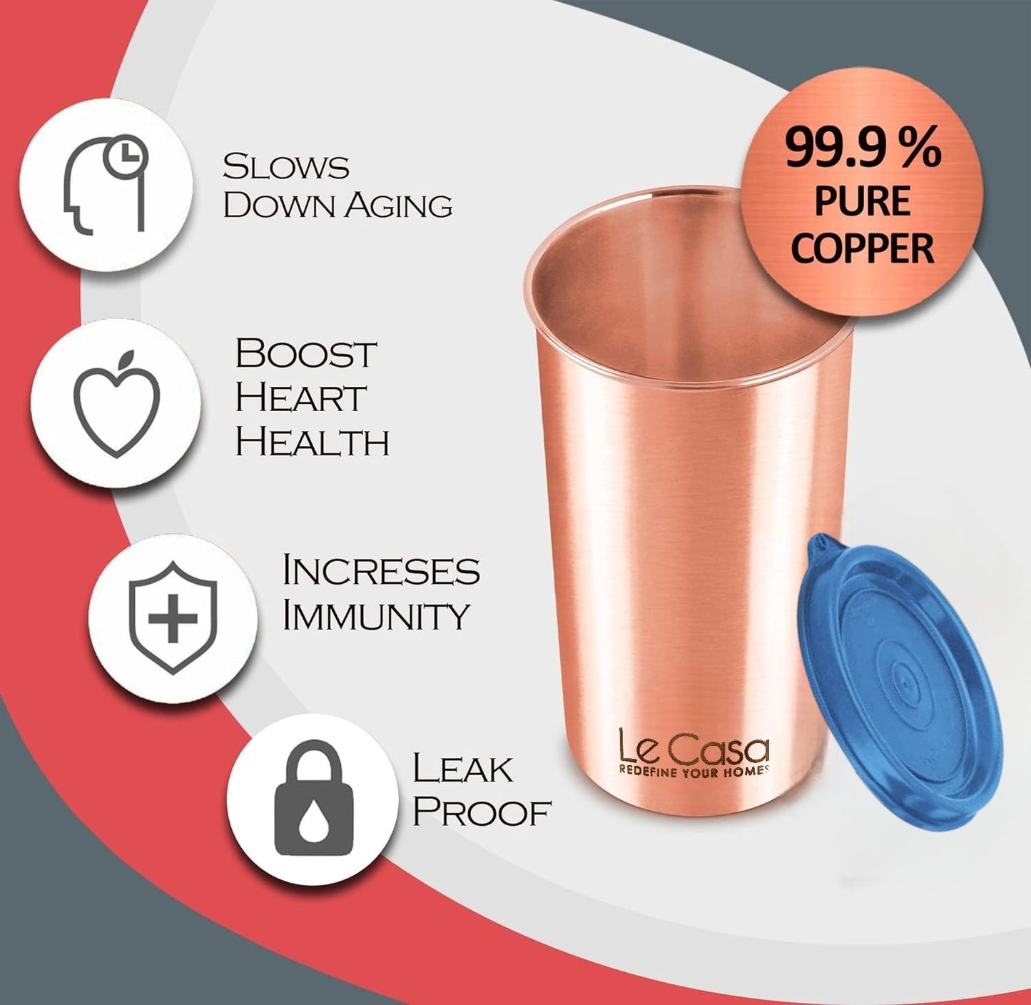 LeCasa - Energy Copper Water Tumbler 500ML Matt With Plastic Lid | 100% Pure Copper With ISO Certification |