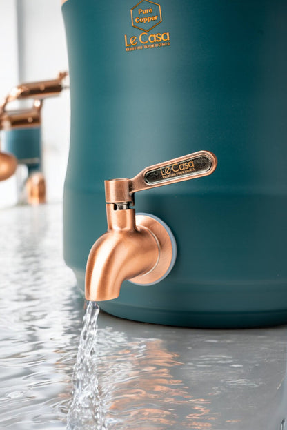 LeCasa - Wagon Copper Water Dispenser with Brass (Pital) Tap - Dark Cyan | Capacity - 5 Litre / 5000ML | 100% Pure Copper with ISO Certification |